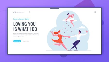Love Relations Website Landing Page. Happy Loving Couple Sparetime. Man and Woman Characters Spend Time Together Dancing Cupid Throw Hearts from Sky Web Page Banner. Cartoon Flat Vector Illustrationのイラスト素材