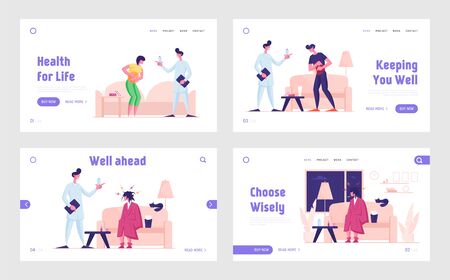 Flu Sickness and Abdominal Ache Website Landing Page Set. Gastrointestinal Indigestion Symptom. Doctor Visit Patient at Home Give Medicine Treatment Web Page Banner. Cartoon Flat Vector Illustrationのイラスト素材