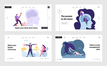 Innovative Idea, Brainstorm Activity, Risk Management Website Landing Page Set. Businesspeople Light Up Brain, Money and Insight Scales, Escape Crisis Web Page Banner. Cartoon Flat Vector Illustrationのイラスト素材