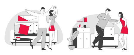 Set of Young Loving Couple Dance Having Home Party. Partners Attentive to Each Other Mutual Sympathy. Man and Woman Fooling, Dancing to Music, Moving Body Cartoon Flat Vector Illustration, Line Artのイラスト素材