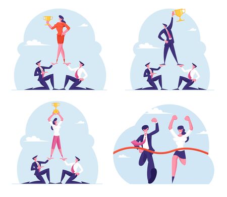 Set of Successful Dream Team, Business Development, Team Work. Businessmen Pyramid to Reach Golden Trophy Goblet. Creative People Teamwork Cooperate Goal Achievement Cartoon Flat Vector Illustrationのイラスト素材