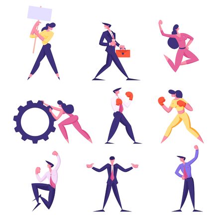 Set of Businesspeople Male and Female Characters Fighting with Boxing Gloves, Celebrate Victory, Holding Banner, Drink Coffee Rolling Gear Isolated on White Background Cartoon Flat Vector Illustrationのイラスト素材
