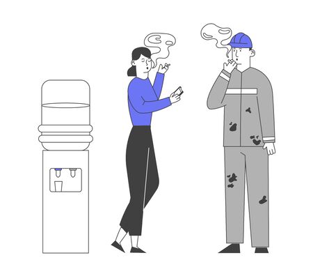 Unhealthy Habit, Smoking Nicotine Tobacco Addiction Concept. Male Character in Worker Robe and Office Woman Smoking Cigarettes, Pleasure of Smoker Lifestyle. Cartoon Flat Vector Illustration, Line Artのイラスト素材