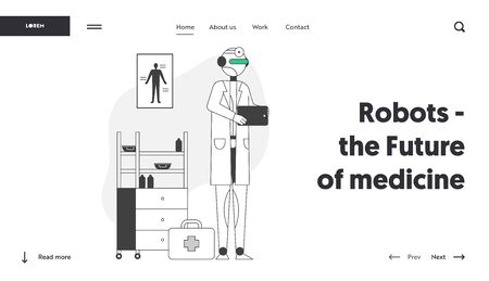 Modern Medicine Website Landing Page. Robot in Medical Robe Doctor Waiting Patient in Hospital. Artificial Intelligence Smart Technologies Web Page Banner. Cartoon Flat Vector Illustration, Line Artのイラスト素材