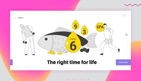People Engage Sports Activity Apply Omega 3, 6, 6 Oils Website Landing Page. Senior Man Lifting Dumbbells, Young Sportsman Running Exercise Web Page Banner. Cartoon Flat Vector Illustration, Line Artのイラスト素材