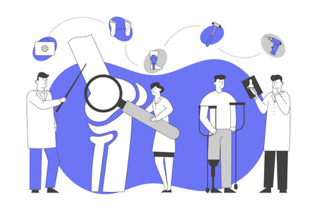 Orthopedics Medical Concilium, Healthcare Concept. Doctor Traumatologist Look at X-ray Picture with Joint Fracture Discuss Patient Treatment with Colleagues Cartoon Flat Vector Illustration, Line Artのイラスト素材