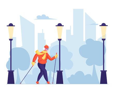 Aged Woman Engage Outdoors Sport. Elderly People Nordic Walk Open Air Workout with Sticks. Happy Senior Ladyのイラスト素材