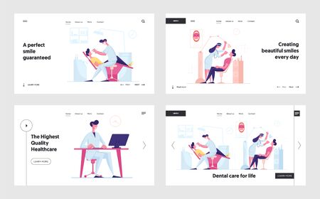 Dental Care for Life Website Landing Page Set. Dentist Doctors Using Professional Instruments and Equipmentのイラスト素材