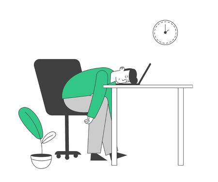 Tired or Boring Businessman Lying on Laptop. Emotional Burnout, Hard Work Business Man Dreaming at Working Placeのイラスト素材