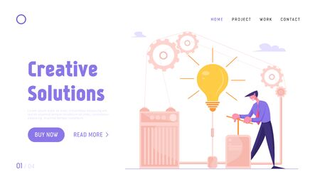 Creative Idea, Brainstorm, Searching Task Solution Website Landing Page. Businessman Push Huge Lever Armのイラスト素材