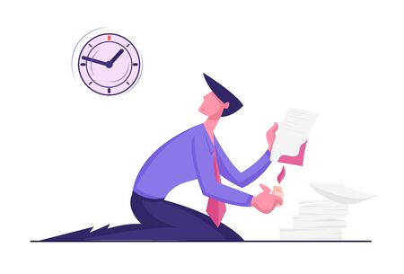 Scared Businessman Sitting on Floor Put Burning Cigarette Lighter to Paper Sheet. Business Man Destroy Secret Documents to Hide Evidence or Crime and Criminal Activity Cartoon Flat Vector Illustrationのイラスト素材