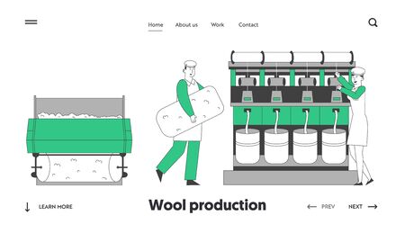 Wool Textile Industry Website Landing Page. Factory Workers in Uniform Standing Near Controlling Weaver Loom Creating Cloth. Plant Facilities Web Page Banner. Cartoon Flat Vector Illustration Line Artのイラスト素材