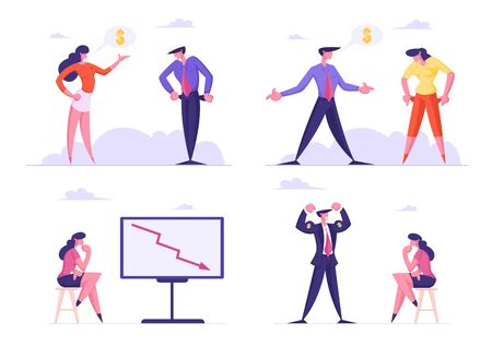 Set of Businesspeople Demonstrate Empty Pockets, Woman Look on Falling Arrow Chart, Man Show Power with Dollar on Arms Business Characters Isolated on White Background Cartoon Flat Vector Illustrationのイラスト素材