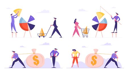 Set of Businesspeople Set Up Pie Chart, Puzzle Construction team Work, Drag Huge Money Sack, Demonstrate Empty Pockets Business Characters Isolated on White Background Cartoon Flat Vector Illustrationのイラスト素材