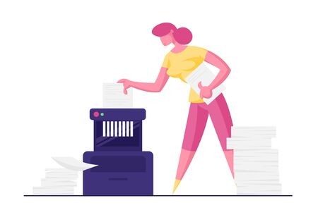 Businesswoman, Accountant Destroy Secret Documents Put in Shredder with Piles of Sheets around. Woman Trying to Hide Criminal Activity and Private Company Information Cartoon Flat Vector Illustrationのイラスト素材