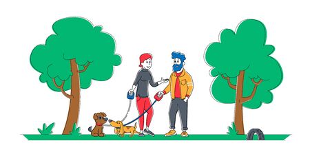 People Spending Time with Pets Outdoors. Male and Female Characters Walking with Dogs in Public City Park or Home Yard. Leisure, Communication with Animals Cartoon Flat Vector Illustration, Line Artのイラスト素材