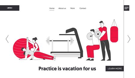 People Fitness Training in Gym with Coach Help Website Landing Page. Characters Workout with Weight. Training Sport Activity, Healthy Life Web Page Banner. Cartoon Flat Vector Illustration, Line Artのイラスト素材