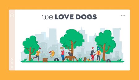 People Spend Time with Pets Outdoors Landing Page Template. Male Female Characters Walking and Training Dogs in Summer Park. Relaxing Leisure Communication, Care of Animals. Linear Vector Illustrationのイラスト素材