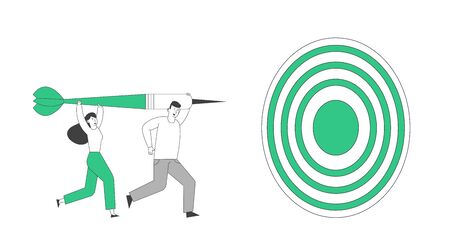 Business People Mission Achievement and Corporate Competition. Businessman and Businesswoman Characters Throw Darts to Target. Aim Challenge, Task Solution, Strategy Goals. Linear Vector Illustrationのイラスト素材