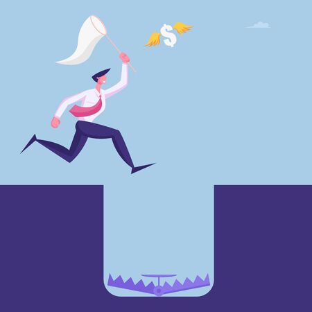 Businessman in Formal Suit Catching Flying Dollar with Net Ignoring Hole with Trap on Bottom. Careless Business Man Character Problem Ignorance, Searching Solution. Cartoon Vector Illustrationのイラスト素材