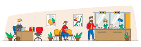 Woman Character Look at Wrist Watch Waiting in Bank Office with Workers and Clients. Man Customer Stand at Glass Window Changing Money. Banking Service People Visiting Bank. Linear Vector Illustrationのイラスト素材