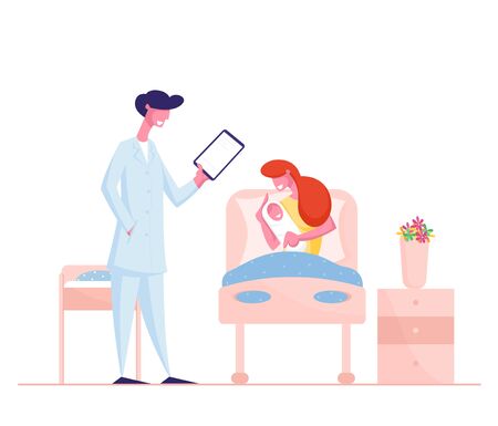 Happy Woman Holding Newborn Child Lying in bed at Delivery Hospital Chamber Listening Doctor Recommendationsのイラスト素材