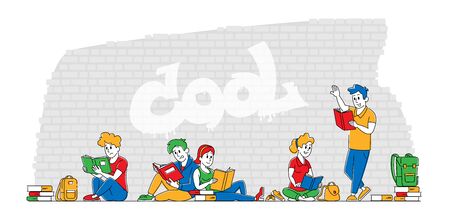 Young People with Books Studying Together Outdoors on Brick Wall Background. Students Characters Collective Learning or Examination Preparation, Courses Education. Linear People Vector Illustrationのイラスト素材