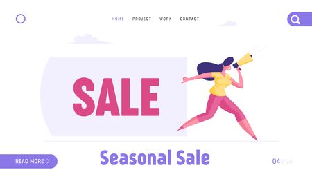 Discount Advertising Alert Business Landing Page Template. Woman Character Shouting to Megaphone Pulling Huge Banner with Sale Typography. Public Relation Ads Promo Poster. Cartoon Vector Illustrationのイラスト素材