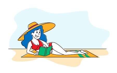 Woman in Bikini and Tropical Hat Lying on Sandy Beach Read Interesting Book. Female Character Bookworm Spend Time Outdoors on Exotic Resort Enjoying Reading Spare Time. Linear Vector Illustrationのイラスト素材
