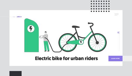 People Using Eco Transport with Electricity Power Landing Page Template. Character Pull Huge Plug to Charge E-bicycle. Ecology Protection, Electro Car, Green Technology. Linear Vector Illustrationのイラスト素材