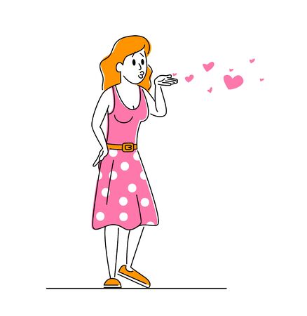 Young Woman Character in Pink Dress Send Air Kiss with Flying Hearts Isolated on White Background. Romantic Relations, Girl Fall in Love and Dating, Valentines Day Concept. Linear. Vector Illustrationのイラスト素材