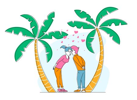 Young Sweet Couple Kissing on Tropical Nature Background with Palm Trees and Hearts around. Pair in Love, Man and Woman Valentines Day on Exotic Resort. Romantic Relation. Linear Vector Illustrationのイラスト素材