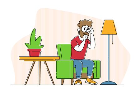 Unhappy Sad Man Character Sitting in Living Room with Suffering Face Feel Bad cos of Quarrel with Wife. Family Relations, Divorce, Depression and Marriage Crisis Concept. Linear Vector Illustrationのイラスト素材