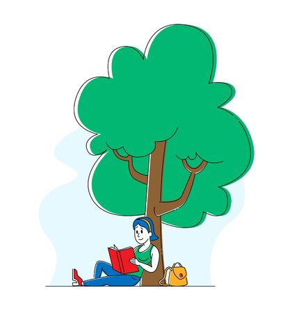 Education and Reading Hobby Concept, Girl Sitting on Grass under Green Tree Read Book. School, College or University Student, Female Character Bookworm Gaining Knowledge. Linear Vector Illustrationのイラスト素材