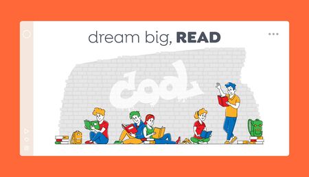 Students Characters Collective Learning Landing Page Template. Young People with Books Studying Together Outdoors. Examination Preparation, High School Educational Courses. Linear Vector Illustrationのイラスト素材