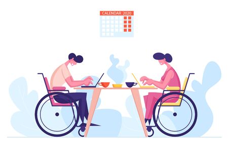 Handicapped Employees, Colleagues Office Workers Sitting at Desk Working on Laptops with Coffee Cups on Table. Disability, Employment for Disabled Persons Concept. Cartoon People Vector Illustrationのイラスト素材