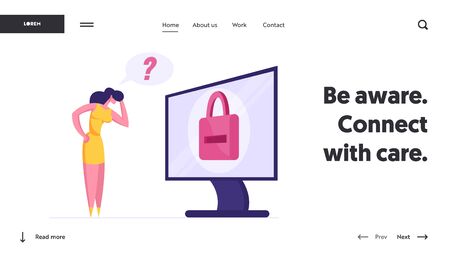 Web Security Landing Page Template. Business Woman Character Stand at Huge Desktop with Padlock on Screen Trying to Remember Password Identification Account Information. Cartoon Vector Illustrationのイラスト素材