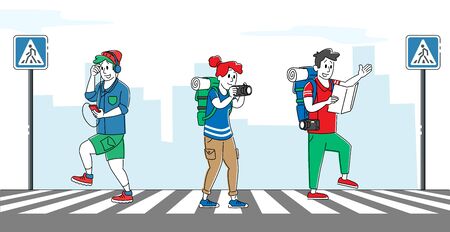 Relaxed Pedestrian Characters Crossing Road with Zebra and Traffic Lights. Hipster Listen Music by Smartphone Walking by Crosswalk, Backpackers Watch Map, City Life. Linear People Vector Illustrationのイラスト素材