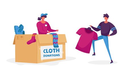 Woman Packing Box with Donating Things. Charity Organization Help People in Troubles and Poor Families with Finance Problems. Volunteer Characters in Donation Center. Cartoon Vector Illustrationのイラスト素材