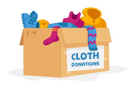 Cloth Donation and Charity Concept. Carton Box Full of Different Clothes for Poor People and Refugees in Need Isolated on White Background. Volunteering Social Aid. Cartoon Vector Illustrationのイラスト素材