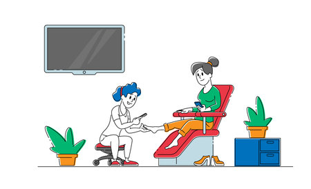Woman Character Visiting Pedicure Salon for Applying Beauty Procedure. Master Polishing and Care for Nails to Clientのイラスト素材