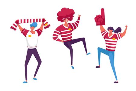 Football Supporter Fans Characters Cheering and Celebrate Watching Match at Stadium. Friends People Groupのイラスト素材