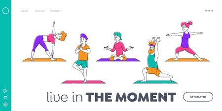 Healthy Lifestyle Landing Page Template. Male and Female Sports Characters Yoga Activity. People Do Sports Exercisesのイラスト素材