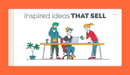 Creative Teamwork Process in Office Landing Page Template. Business People Characters Discussing Work Idea with Colleagues Team. Project Development, Teamworking Brainstorm. Linear Vector Illustrationのイラスト素材