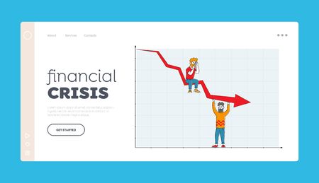 Failed Achieve Profit, Economic Recession Landing Page Template. Sad Business People Characters and Decline Red Arrow Chart. Business on Falling Down Graph Financial Risk. Linear Vector Illustrationのイラスト素材