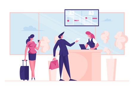 Passengers Characters with Luggage Stand in Queue Prepare Documents for Flight Registration in Airportのイラスト素材