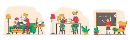 Homeschooling Concept. Children Characters Getting Education at Home with Tutors or Parents in Relaxed Comfortable Environment. Domestic Education Plan for Pupils. Linear People Vector Illustrationのイラスト素材