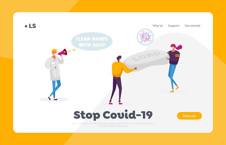 Tiny Characters Wearing Medical Facial Masks Carry Huge Antibacterial Soap Landing Page Template....