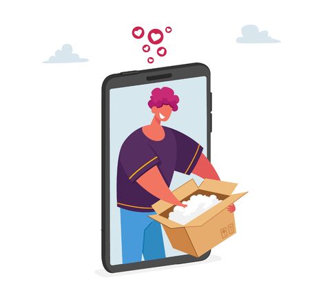 Blogger Online Parcel Unpacking Concept. Vlogger Streaming, Product Review. Influencer Male Character Unboxing Purchase on Huge Smartphone Screen Recording Video for Blog. Cartoon Vector Illustrationのイラスト素材