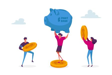 Tiny Male and Female Characters Put Golden Coins into Huge Piggy Bank. Money Saving, Finance, Budget Concept. Financial Savings, Investment Deposit and Moneybox. Cartoon People Vector Illustrationのイラスト素材